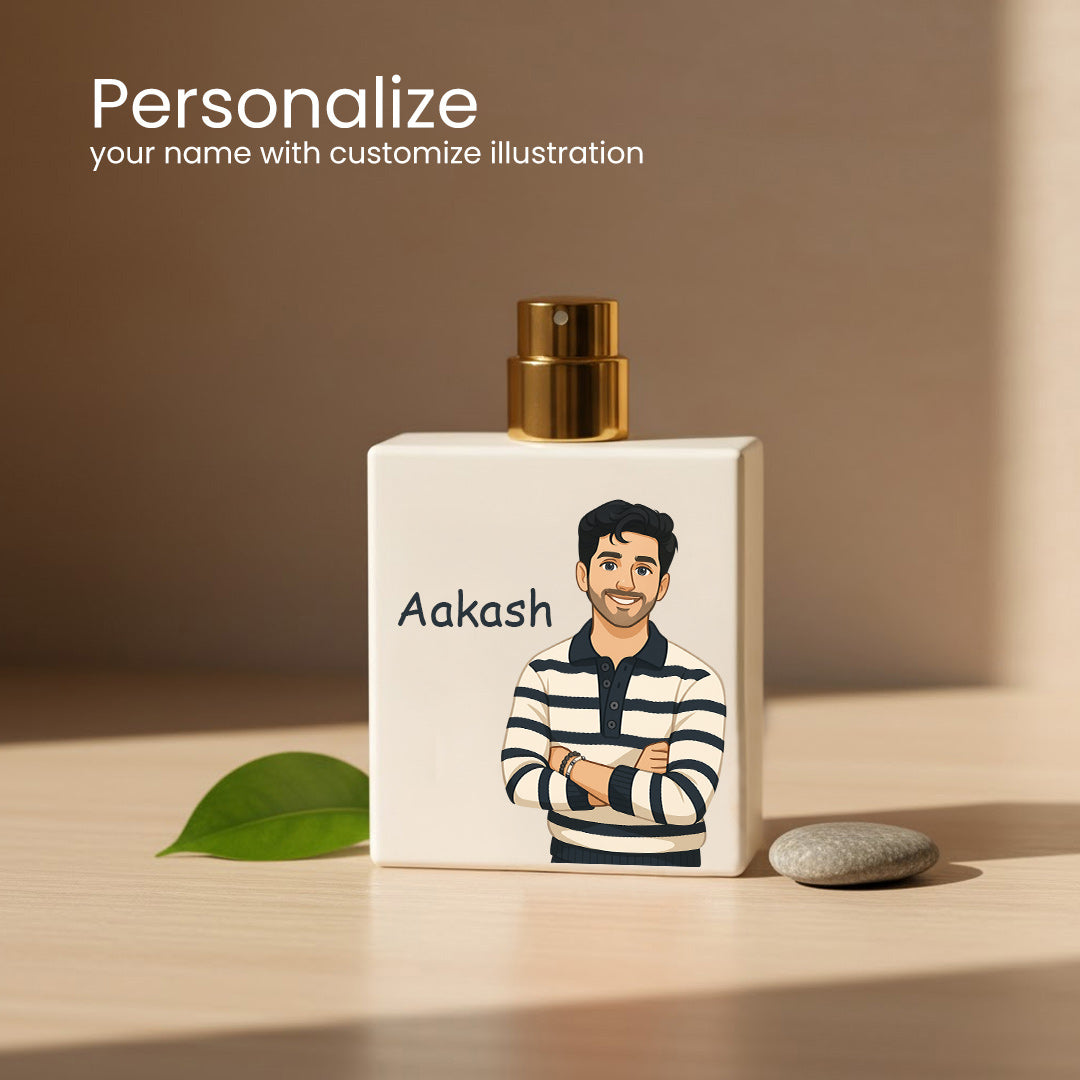 Customized Bellavita White Oud Perfume Bouquet | Personalized with Name & Cartoon Illustration