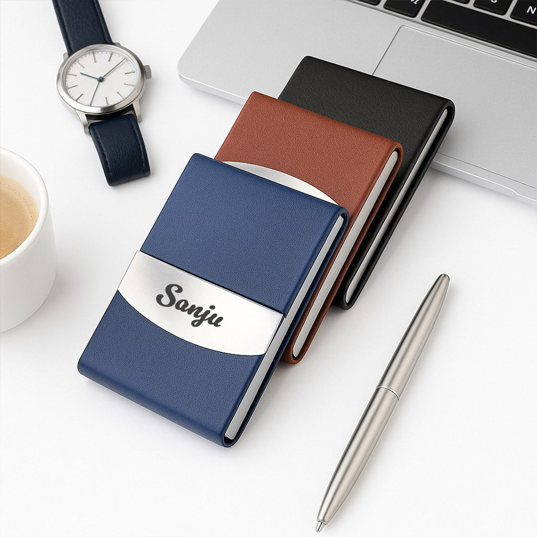 Personalized Leatherette Business Card Holder – Custom Name Metal Finish| Love Craft Gifts