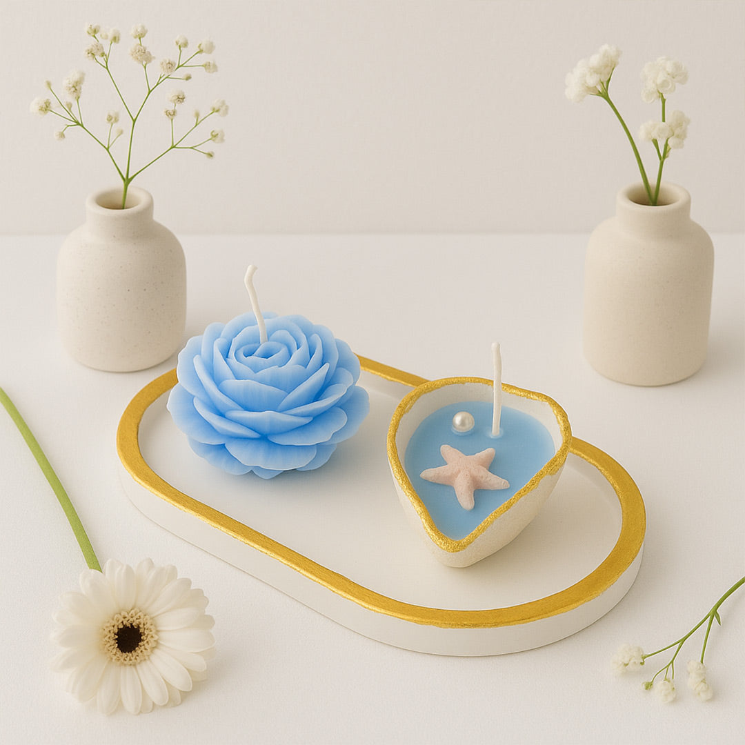 Ocean Theme Decorative Candle Set – Seashell & Floral Scented Wax Art in Tray | Love Craft Gifts