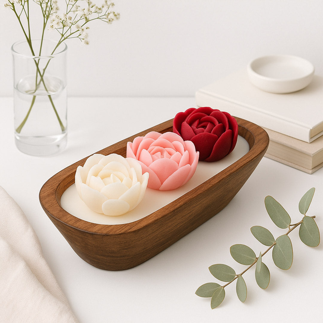 Lotus Flower Scented Candle Set – Decorative Aromatherapy Gift in Wooden Tray | Love Craft Gifts