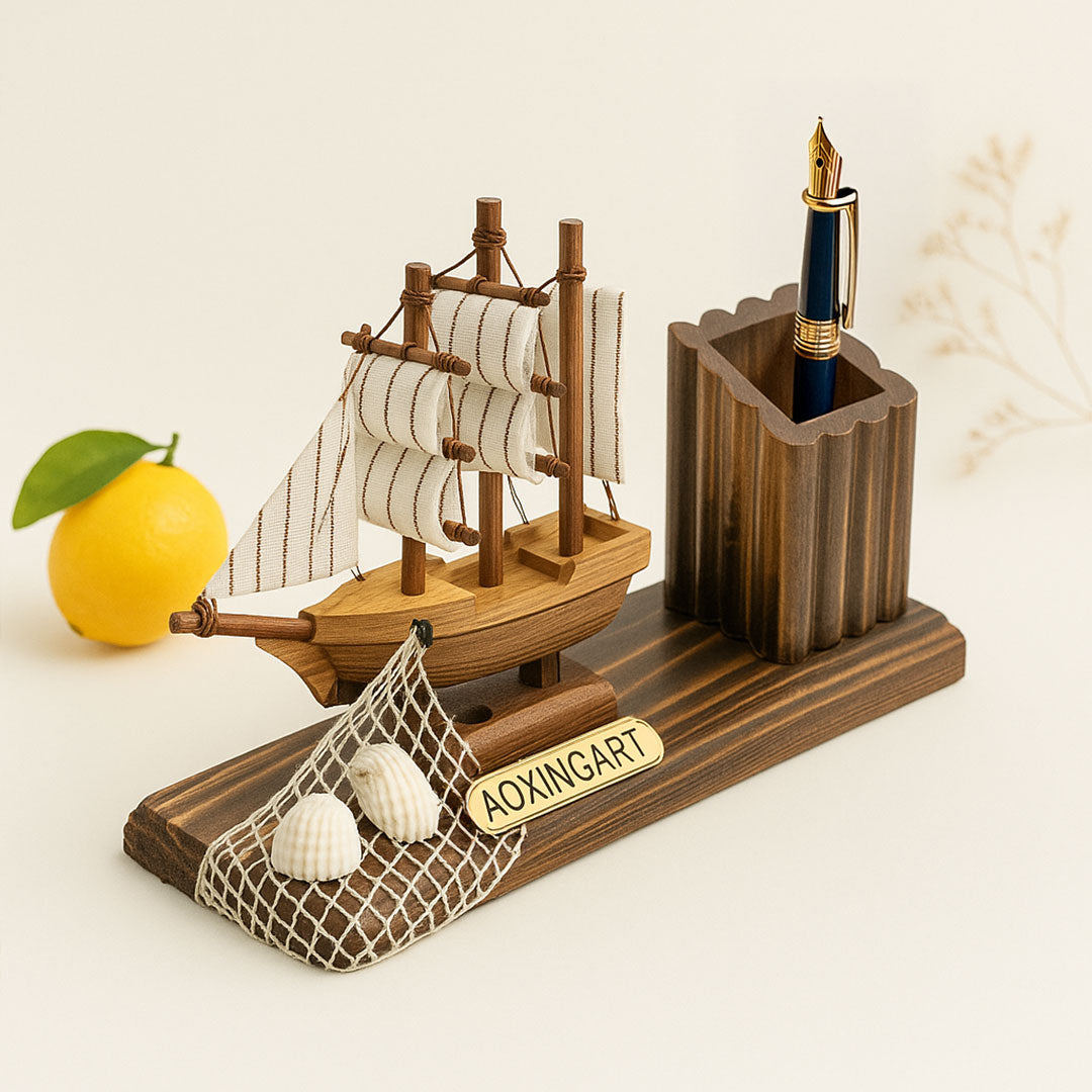 Wooden Ship Pen Stand – Nautical Desk Organizer with Sailboat Design | Love Craft Gifts