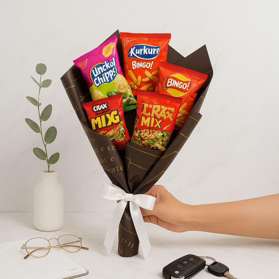 Snack Bouquet Gift Pack – Assorted Chips & Savory Treats in Stylish Wrap | Love Craft Gifts