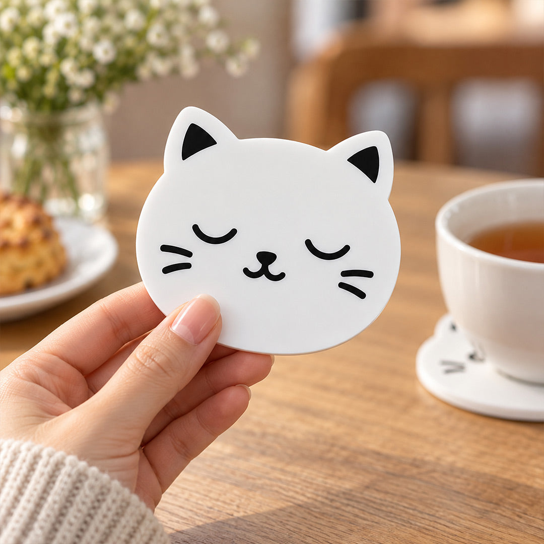 Cat Face Coasters | Cute White Cat Shaped Coaster Set | 3.5 Inch