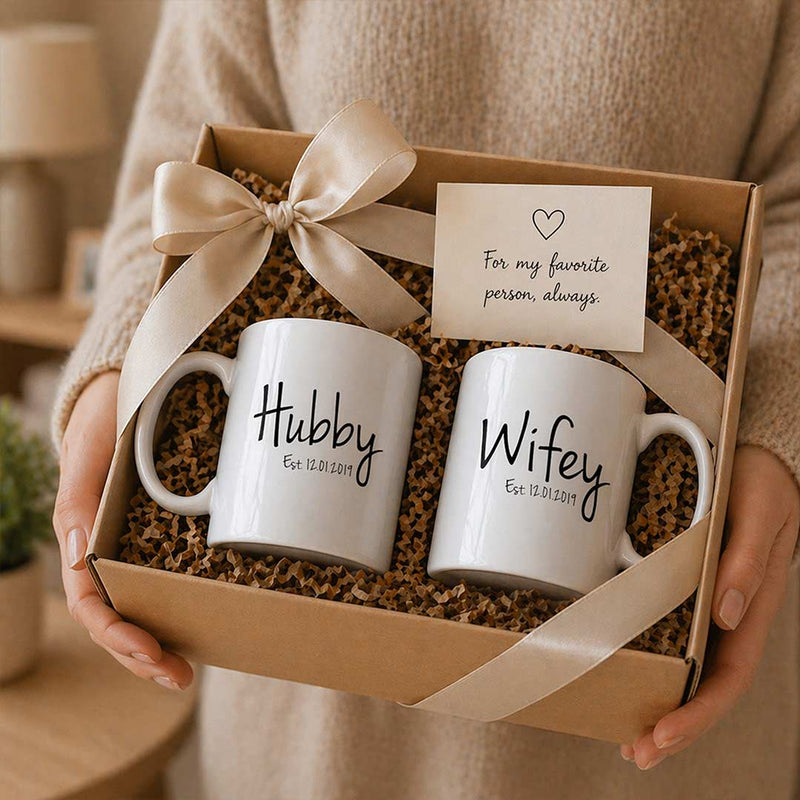 Ceramic Hubby Wifey Mugs 250ml Each | Matching Married Couple Gift | Love Craft Gifts™