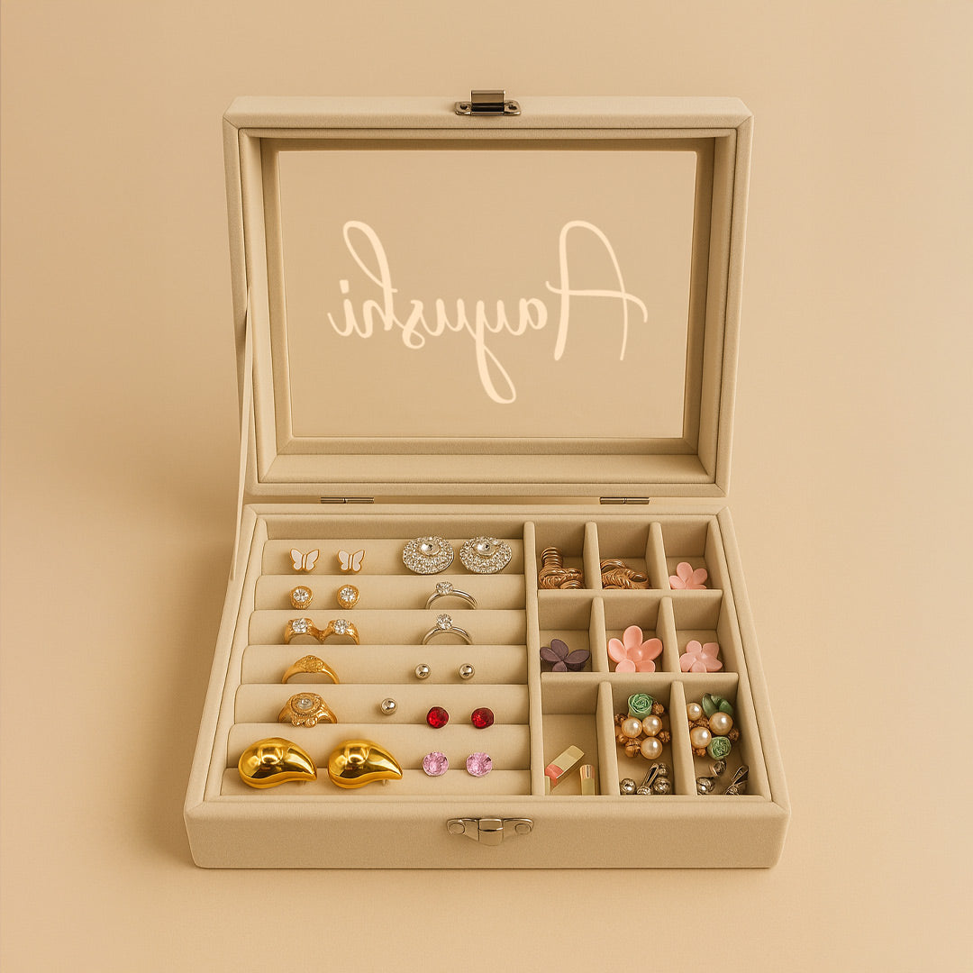 Personalized Beige Velvet Jewellery Organizer Box with Jewellery (According to Availability)| Love Craft Gifts