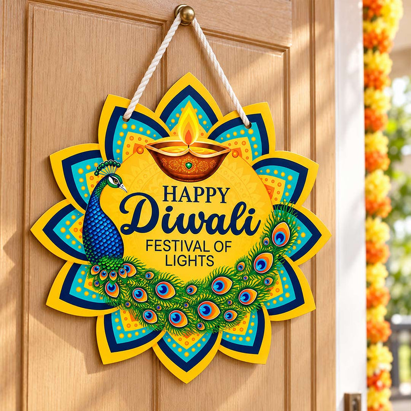 Colourful Peacock Diwali Wall Hanging with Diya Design 6x6" | Love Craft Gifts™