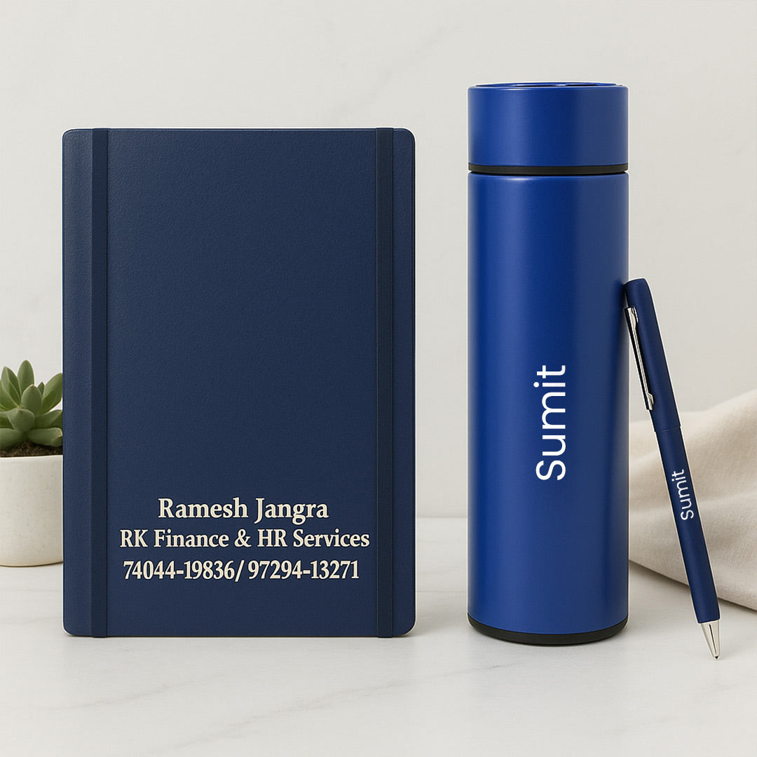 Personalized Blue Gift Combo – Bottle, Pen & Diary | Corporate or Personal Gifting | Love Craft Gifts