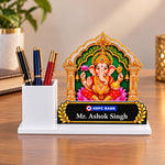 Corporate Lord Ganesha Diwali Gift | Personalized White Acrylic Pen Stand