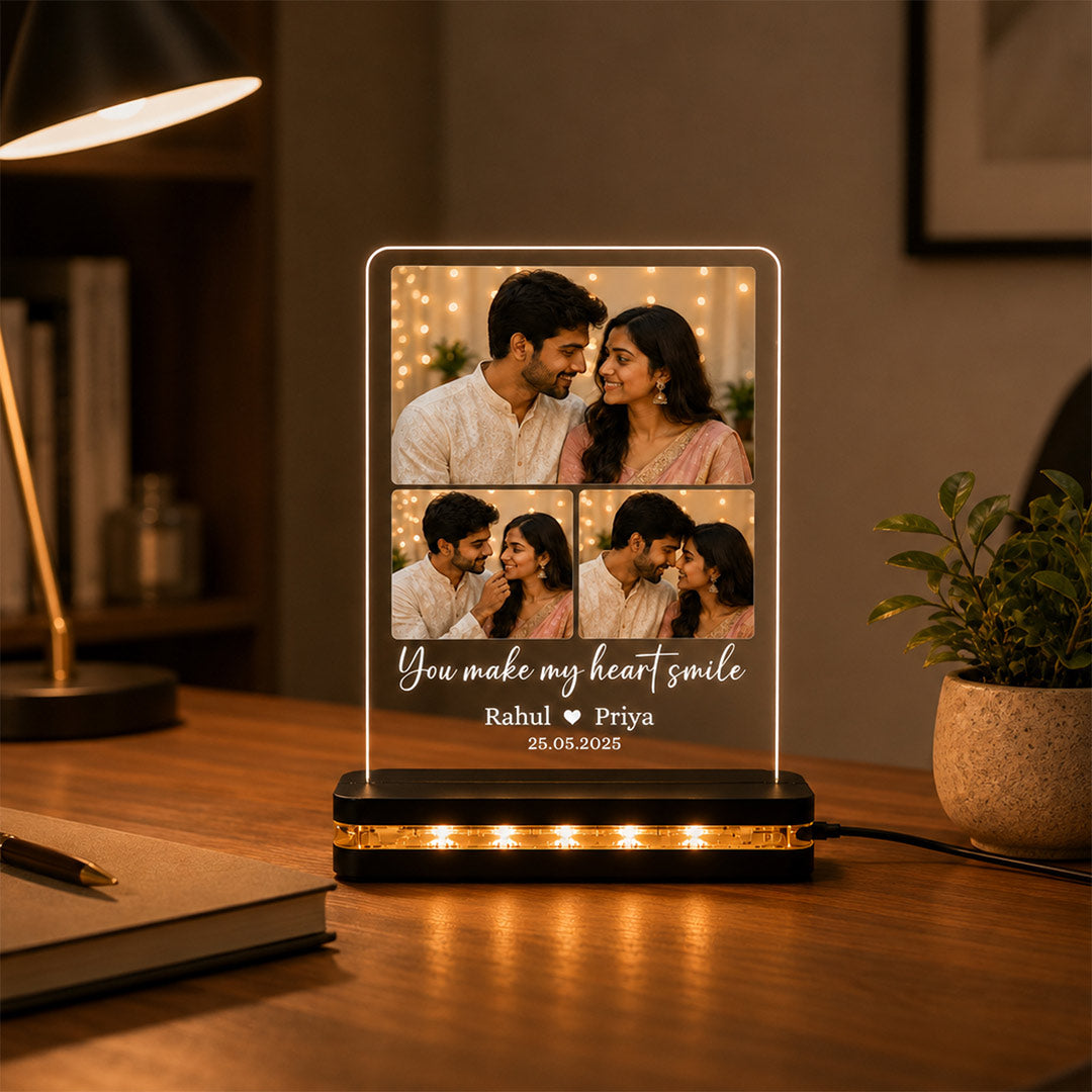 Couple Photo Collage LED Acrylic Lamp 7x8" | Personalized Names, Date & 3 Photos | Love Craft Gifts™