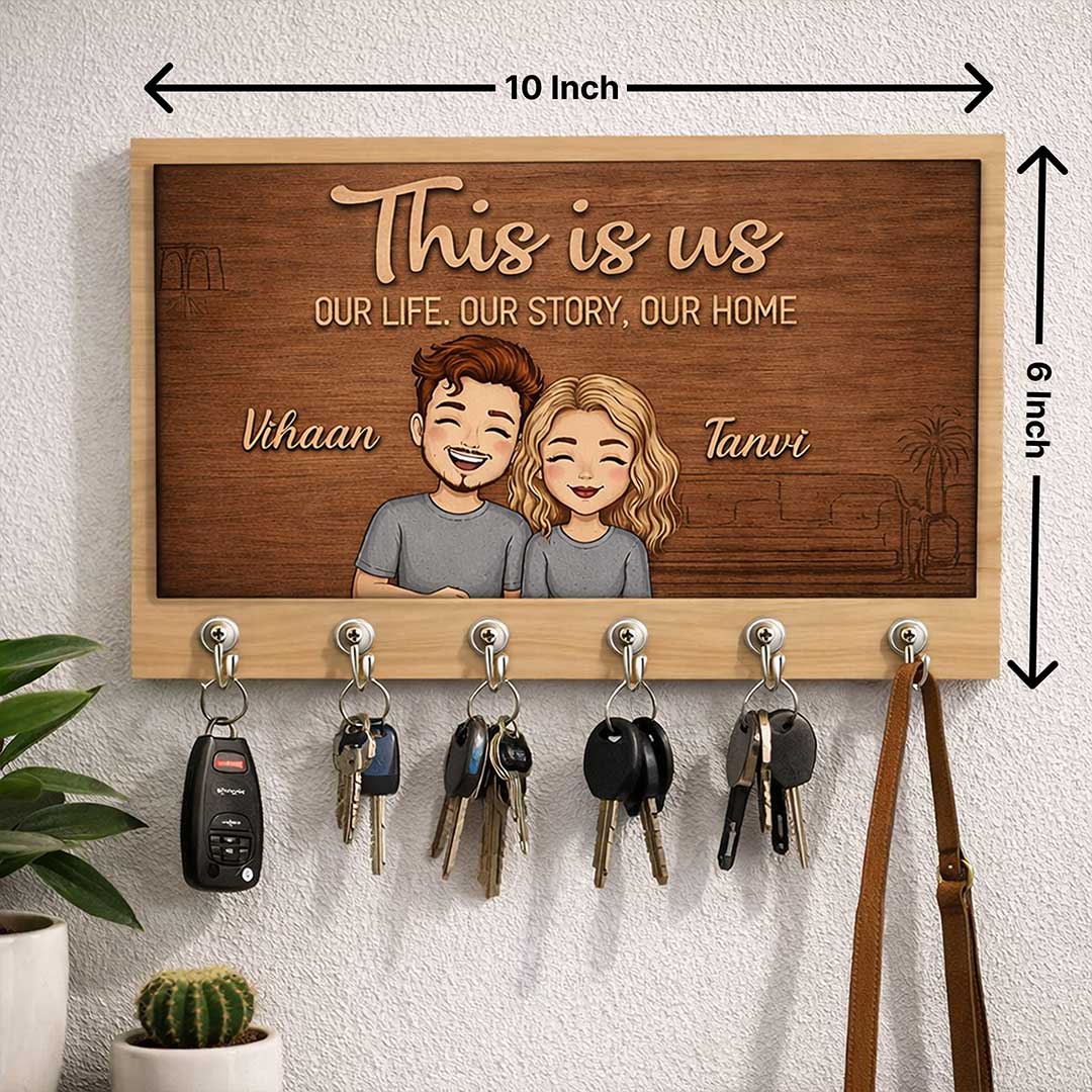 Personalized “This Is Us” Wooden Key Holder – Custom Couple Name Wall Key Hanger (10x6 Inch) | Love Craft Gifts