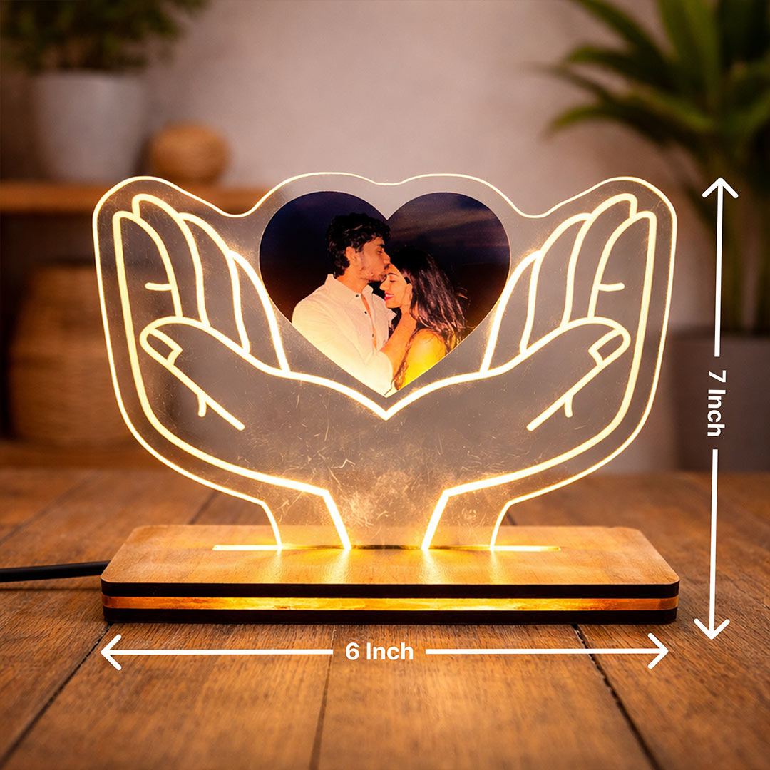 Personalized Heart Hands Acrylic LED Lamp with Photo – Custom Romantic Night Light with Wooden Base | Love Craft Gifts