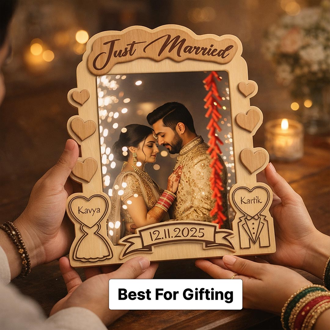 Personalized Just Married Wooden Photo Frame – Custom Name, Date & Picture Wedding Table Top Stand (8x7 Inch) | Love Craft Gifts