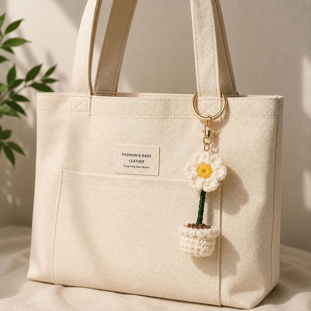 Crochet Daisy Flower Pot Keychain | Cute Handmade-Style Floral Bag Charm for Girls & Women | Handbag & Backpack Accessory | Love Craft Gifts™
