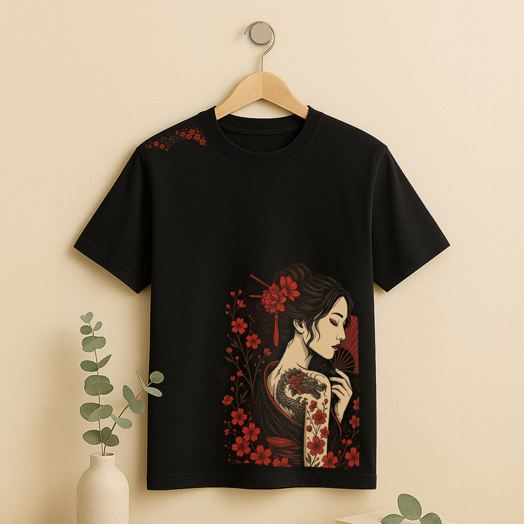 Japanese Geisha Floral Art T-Shirt – Elegant & Bold Graphic Tee | love Craft Gifts