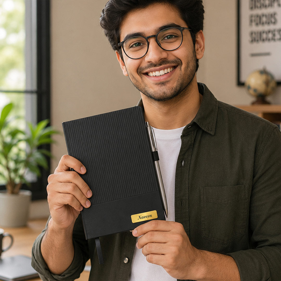 Personalized Black PU Leather Executive Diary with Custom Name Plate | Premium A5 Journal Gift for Professionals, Office Use, Meetings & Corporate Gifting | Love Craft Gifts™