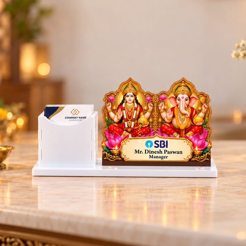 Custom Company Logo Lakshmi Ganesha Desk Nameplate with Card Holder | Love Craft Gifts™