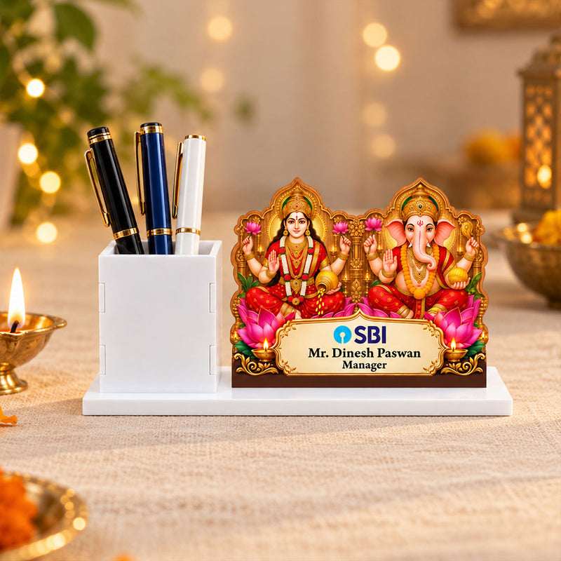 Custom Company Logo Lakshmi Ganesha Desk Nameplate with Pen Holder | Love Craft Gifts™