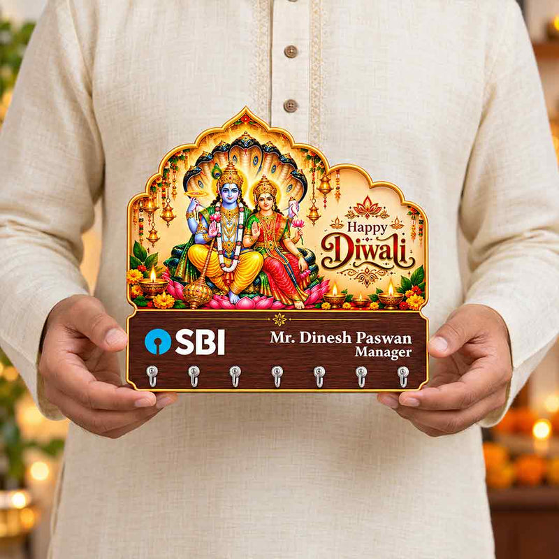 Custom Diwali Key Holder with Vishnu Lakshmi Artwork & 7 Metal Hooks | Love Craft Gifts™