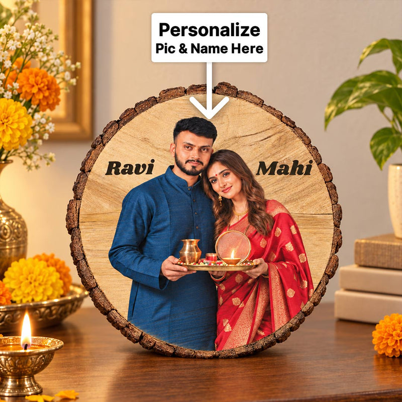 Custom Karwa Chauth Photo Wooden Slice | Husband Wife Names | Love Craft Gifts™