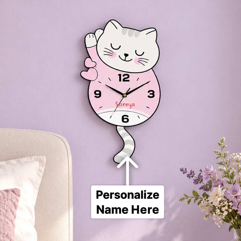 Custom Kids Name Wall Clock 8×10" | Cartoon Cat Nursery Gift | Love Craft Gifts™