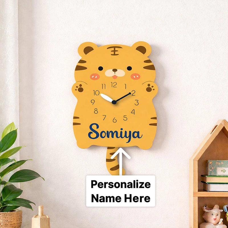 Custom Kids Name Wooden Wall Clock 8×10" | Cartoon Tiger Nursery Gift | Love Craft Gifts™