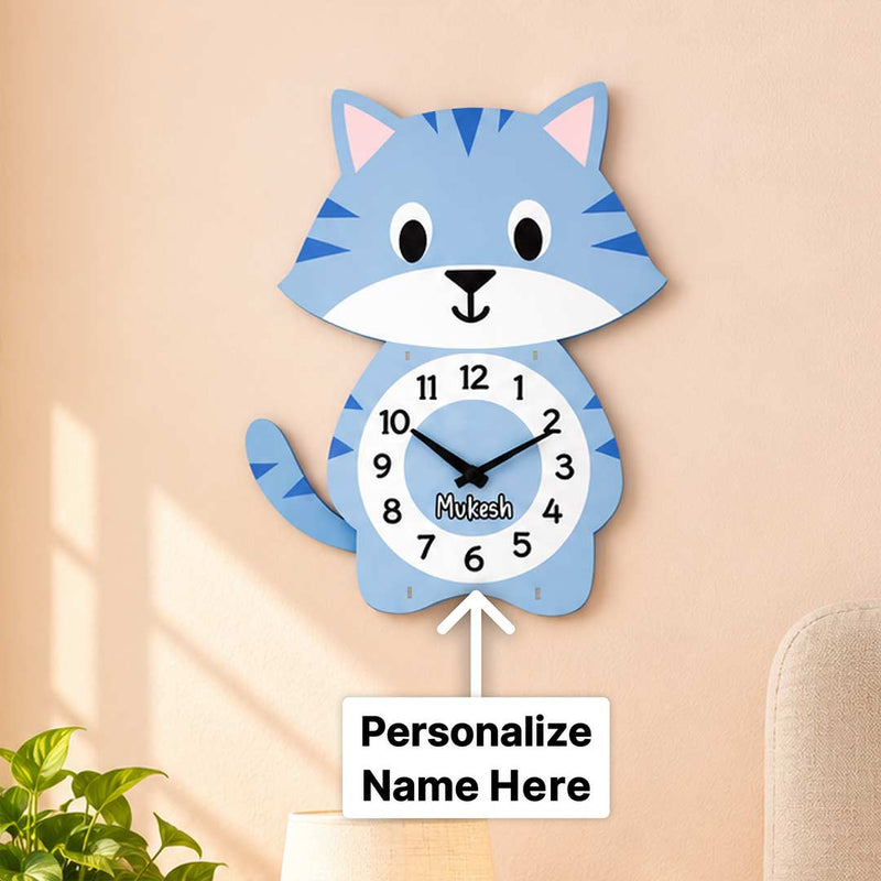 Custom Kids Name Wooden Wall Clock | Cartoon Cat Nursery Gift | Love Craft Gifts™