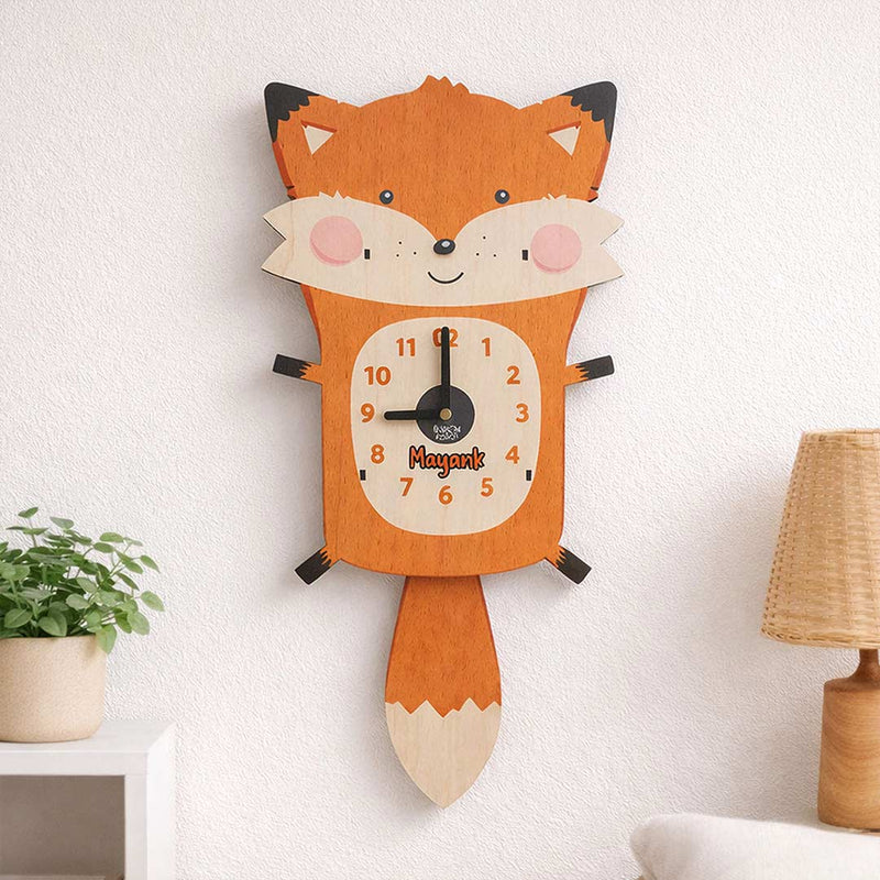 Custom Kids Name Wooden Wall Clock | Cartoon Fox Nursery Gift | Love Craft Gifts™
