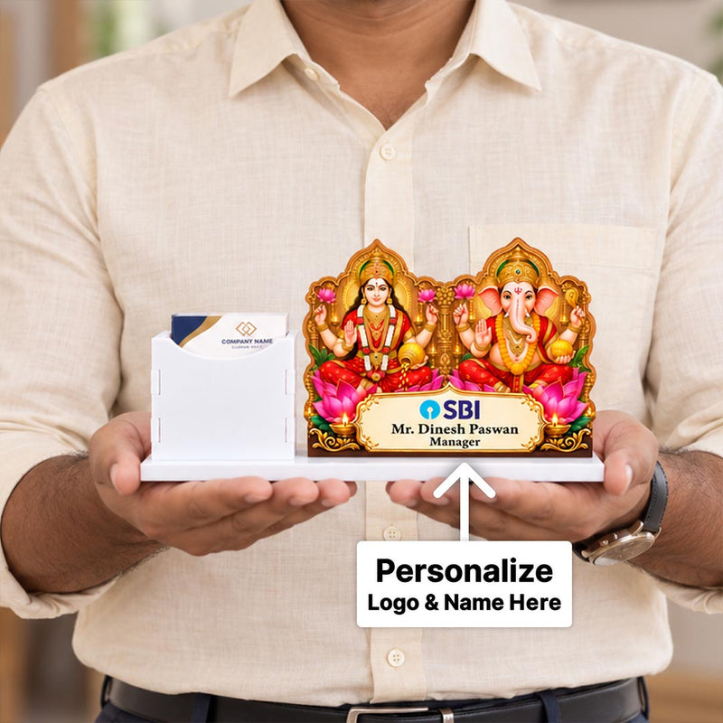 Custom Lakshmi Ganesha Office Nameplate with Company Logo & Card Holder | Love Craft Gifts™