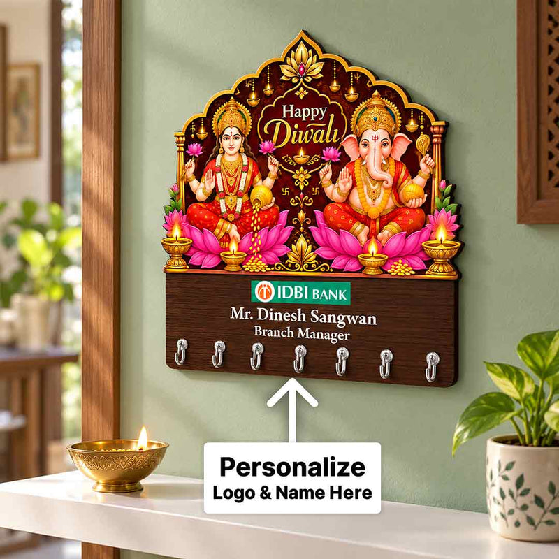 Custom Logo Name Diwali Key Holder with Lakshmi Ganesha Artwork | Love Craft Gifts™