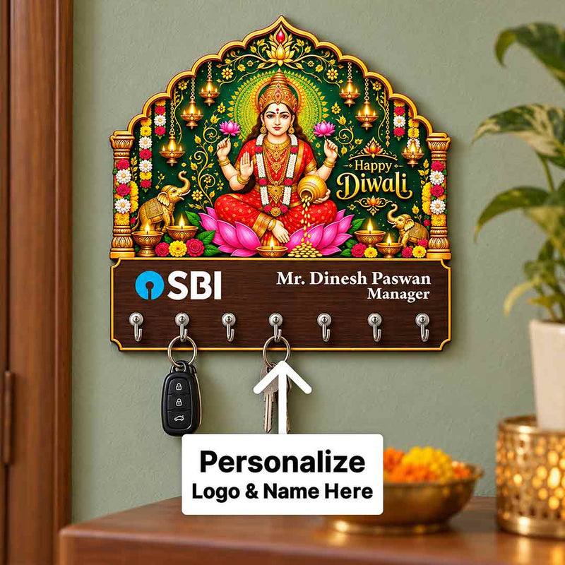 Custom Logo Name Happy Diwali Key Holder with Goddess Lakshmi Artwork | Love Craft Gifts™