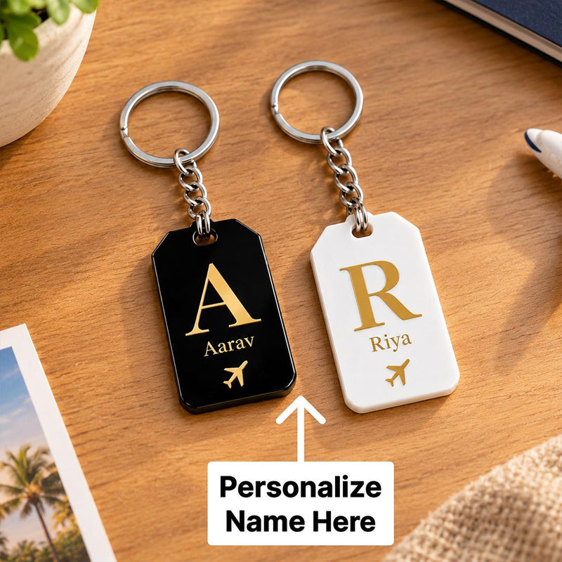 Custom Name & Initial Acrylic Keychain in Black or White with Travel Theme | Love Craft Gifts™