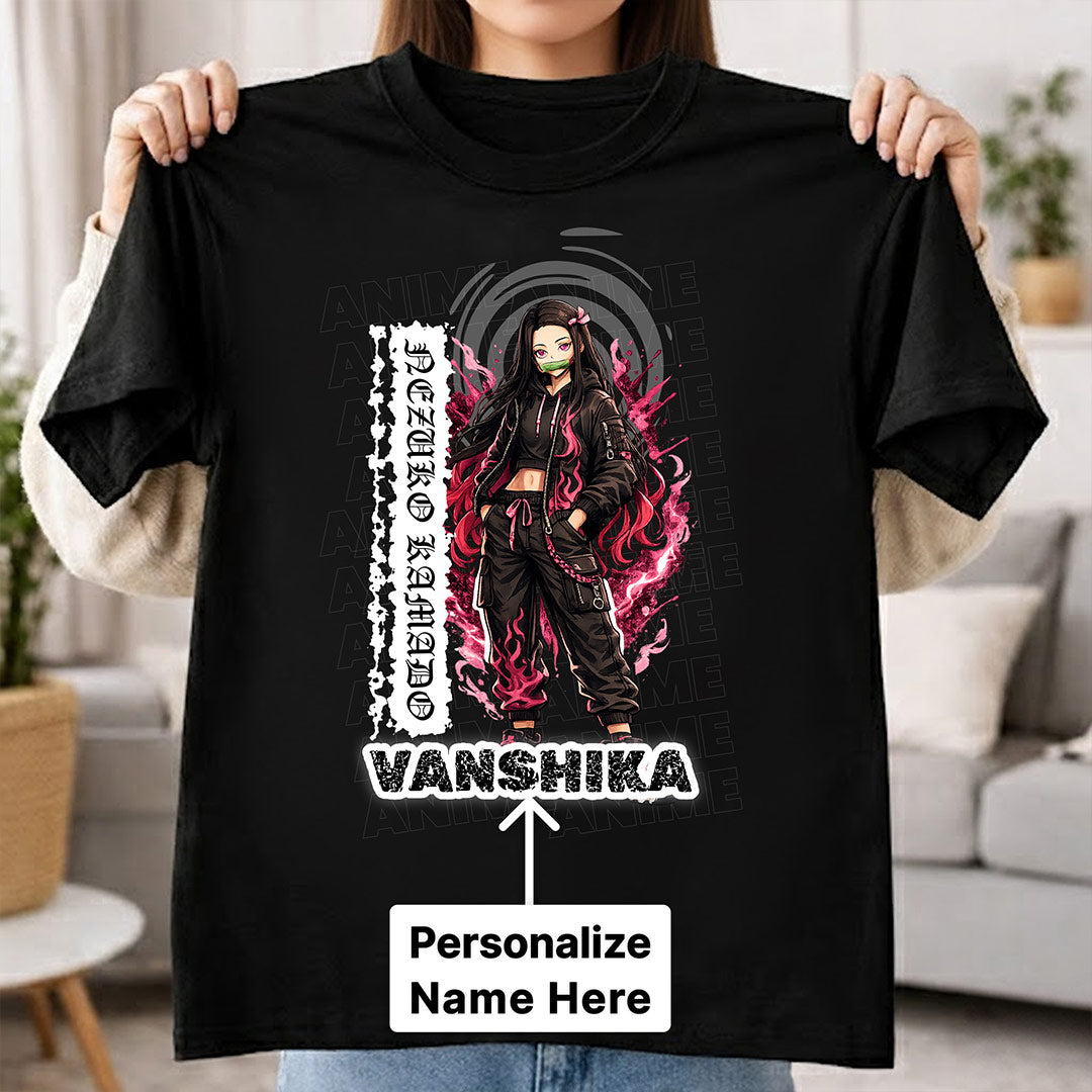 Personalized Nezuko Anime Name T-Shirt for Women – Custom Printed Black Tee | Love Craft Gifts