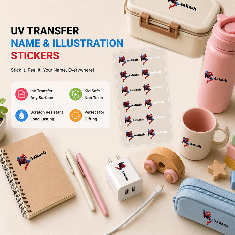 Custom Personalized Spiderman Name Stickers | UV Ink Transfer Labels for Bottles, Helmets & Laptop Accessories | Love Craft Gifts™