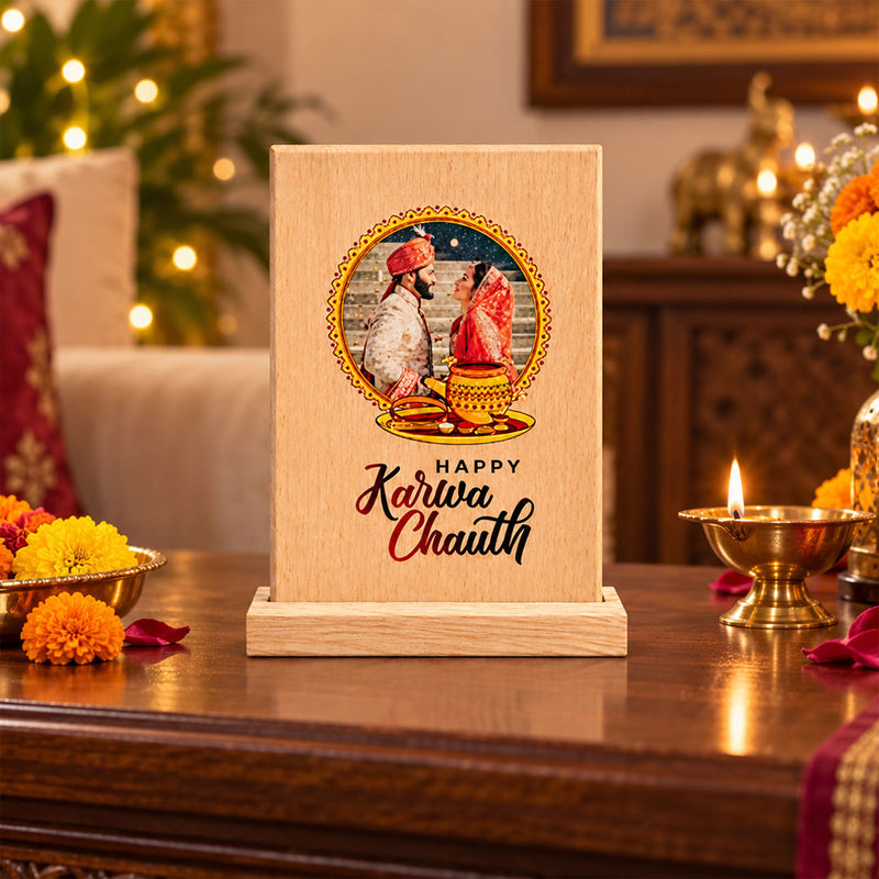 Custom Photo Karwa Chauth Wooden Table Stand 6x8″ | Love Craft Gifts™