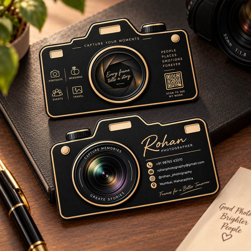 Custom Photographer Visiting Card | Camera Shaped Black Acrylic Business Card