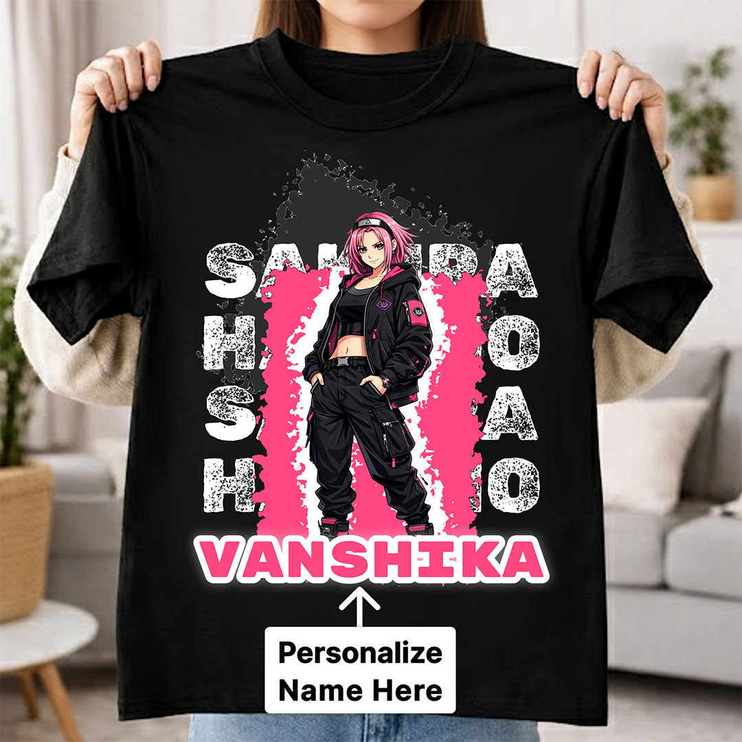 Personalized Sakura Haruno Anime Name T-Shirt for Women – Custom Printed Black Tee | Love Craft Gifts
