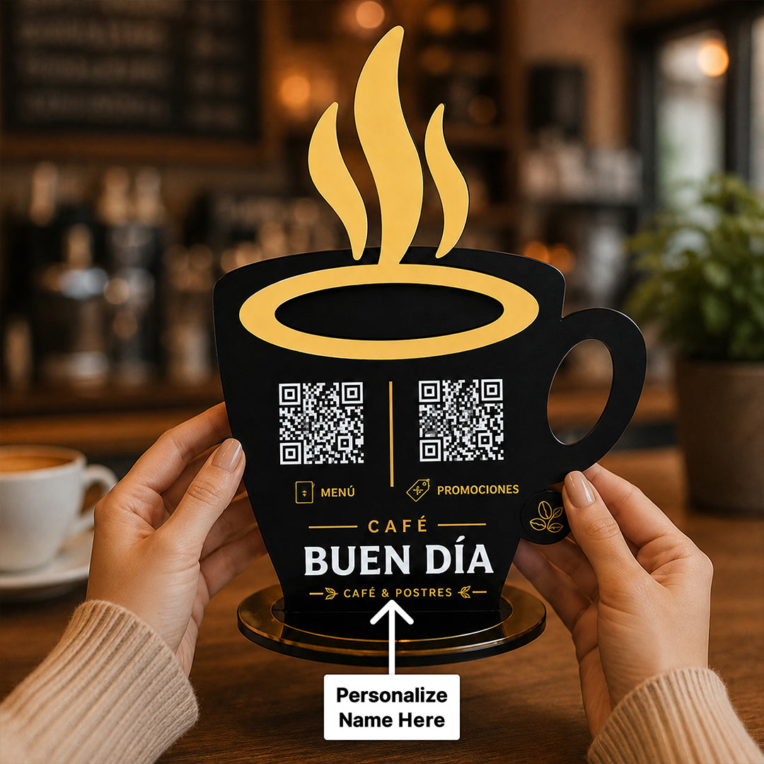 Personalized Coffee Mug QR Code Table Stand with Custom Logo & Café Branding Display | Premium Business Gift for Coffee Shops & Cafés - 8x5" | Love Craft Gifts™