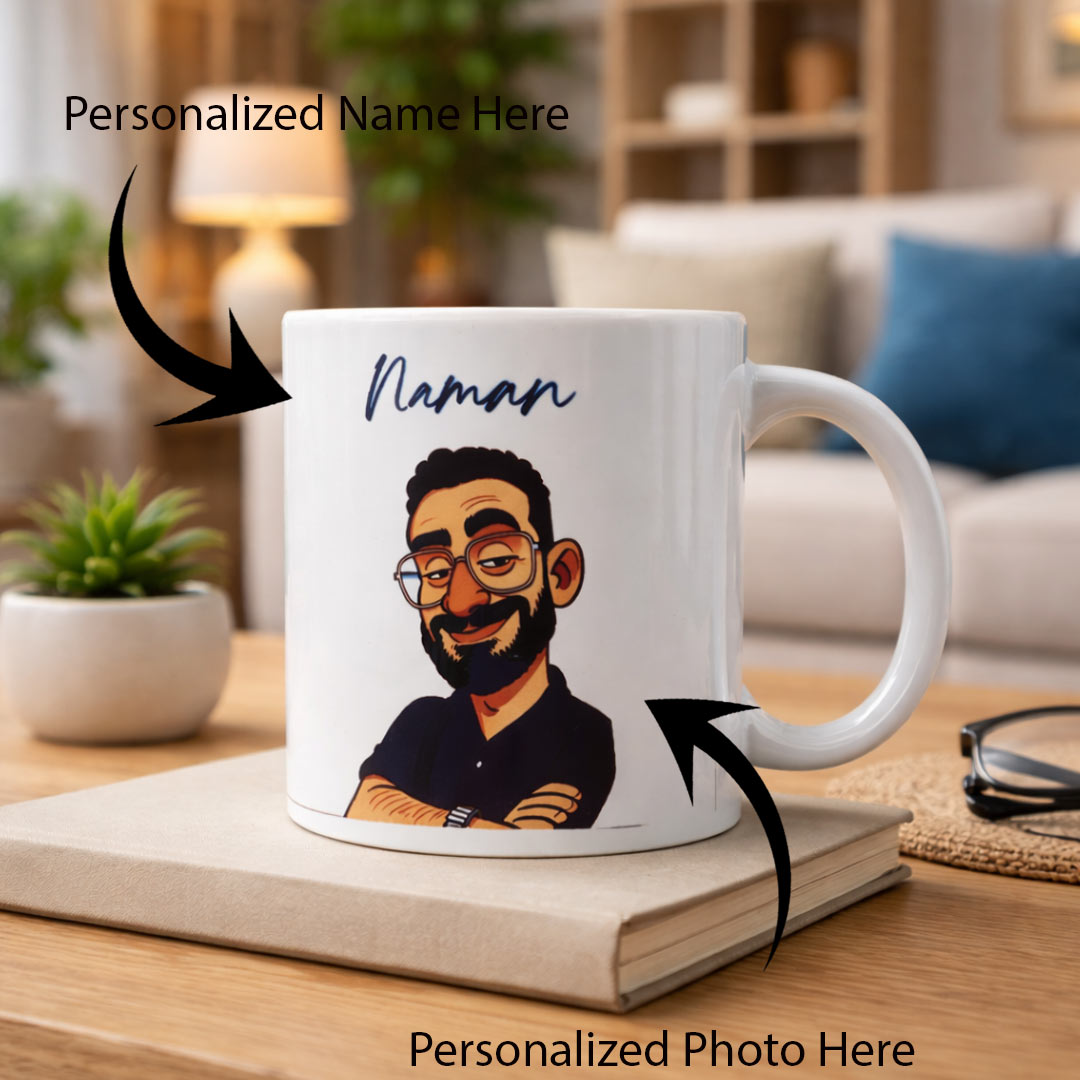 Personalized Cartoon Photo Mug – Custom Name & Face Illustration | Love Craft Gifts