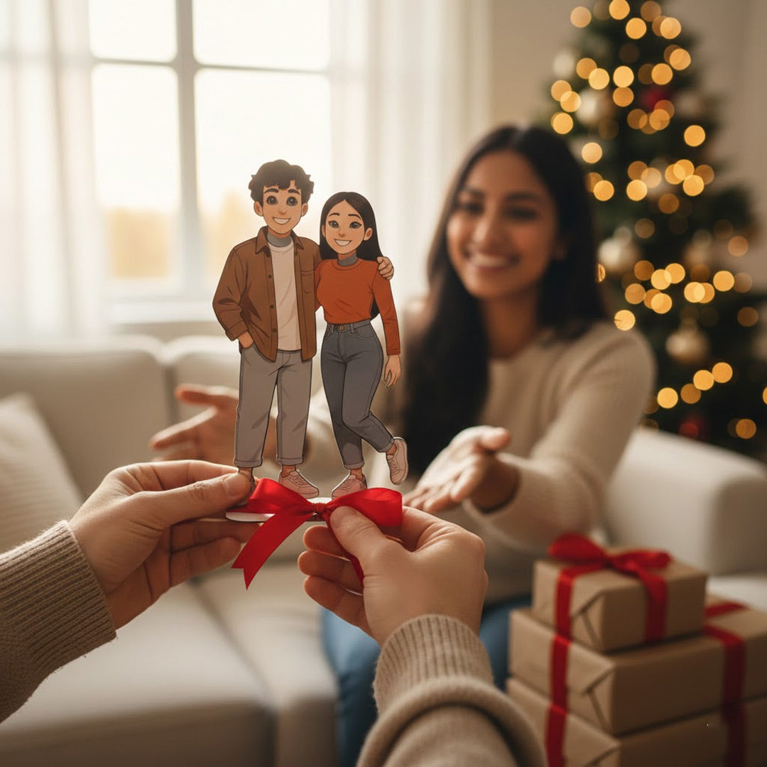 Personalized Couple Illustrated Art Table Stand – 5×9" Custom Character Design | Love Craft Gifts