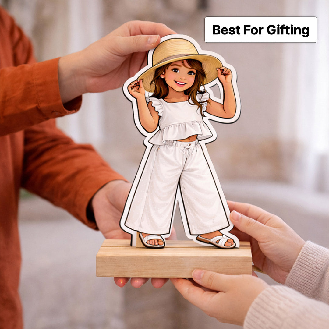 Personalized Kids Cartoon Acrylic Photo Stand with Wooden Base – Custom Child Picture Cutout Table Top Gift (7x4 Inch) | Love Craft Gifts