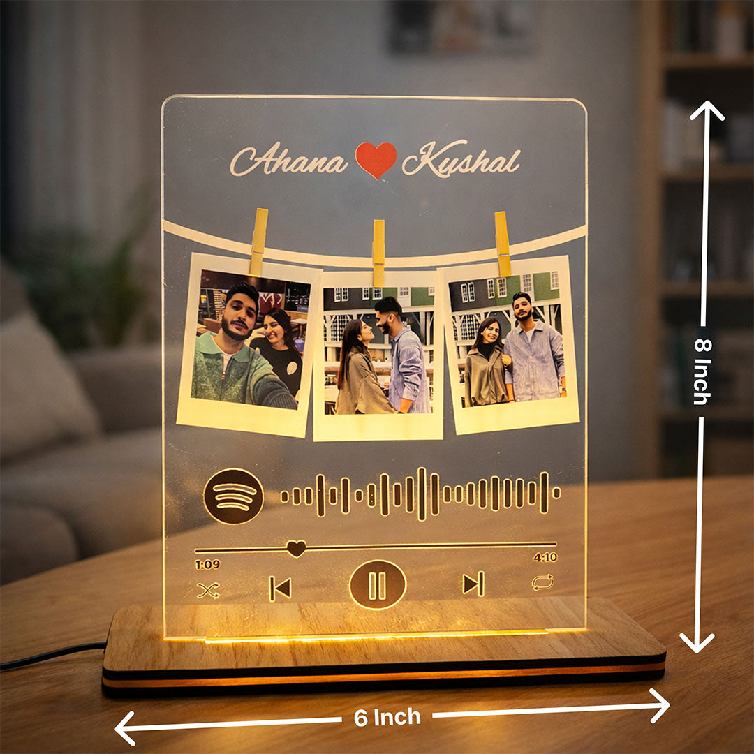 Personalized Spotify Style Acrylic LED Lamp with 3 Photos – Custom Name & Picture Music Plaque Night Light (8x6 Inch) | Love Craft Gifts
