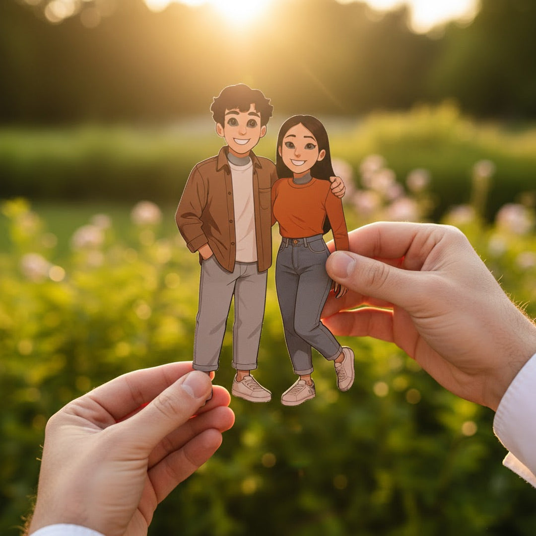 Personalized Couple Illustrated Art Table Stand – 5×9" Custom Character Design | Love Craft Gifts