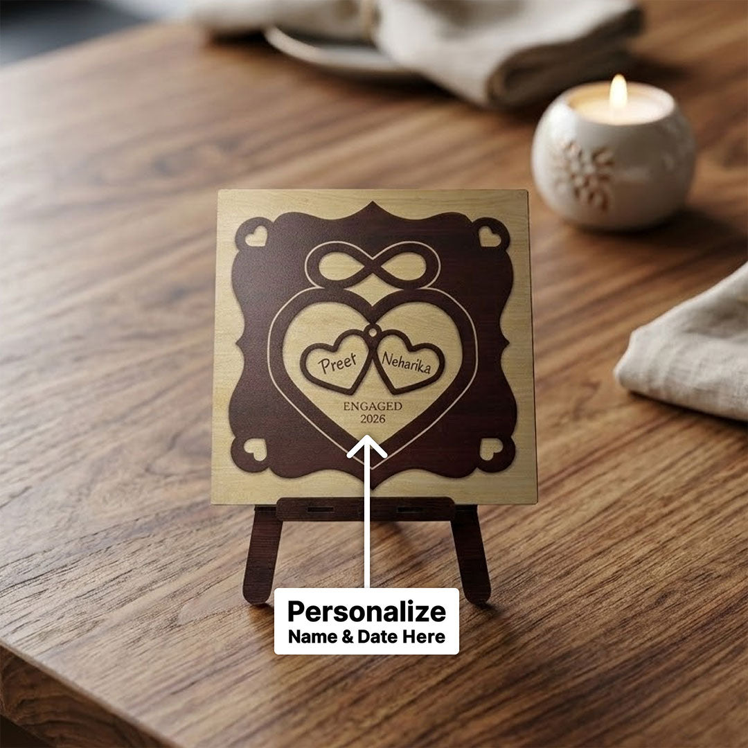 Personalized Wooden Engagement Name Plaque – Custom Couple Name & Date Table Top Frame (8×8 Inch) | Love Craft Gifts