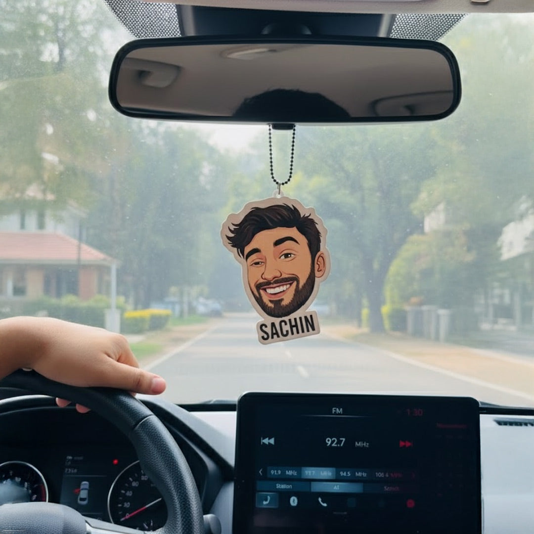 Personalized Cartoon Car Hanger – 2×3" (Custom Face + Name)| Love Craft Gifts