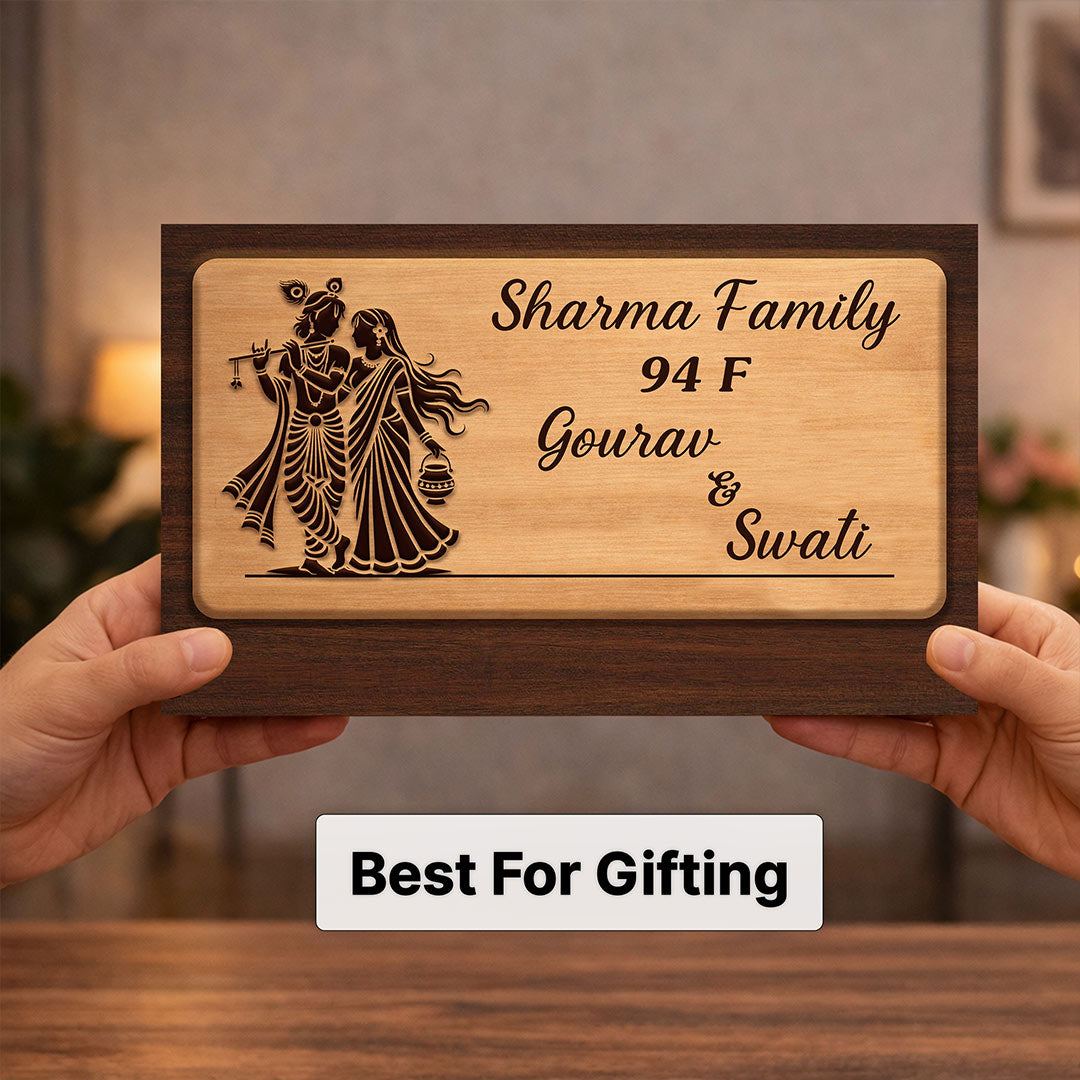 Personalized Radha Krishna Wooden Name Plate for Home Entrance – Custom Family Name Door Sign (10 x 6 Inch) | Love Craft Gifts