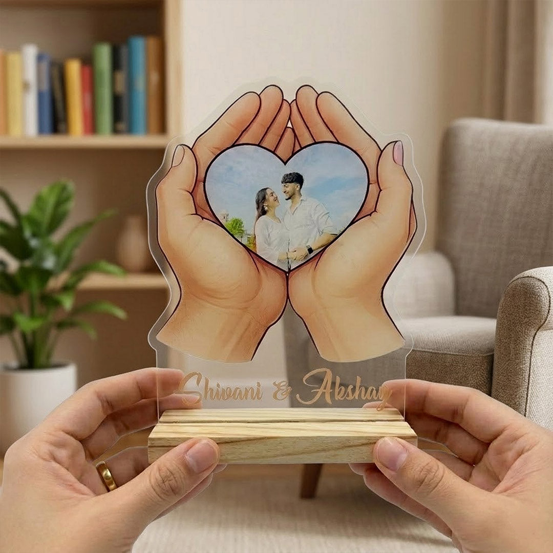 Personalized Holding Hands Heart Photo Acrylic Frame – Custom Couple Photo Table Top Gift (8×6 Inch) | Love Craft Gifts