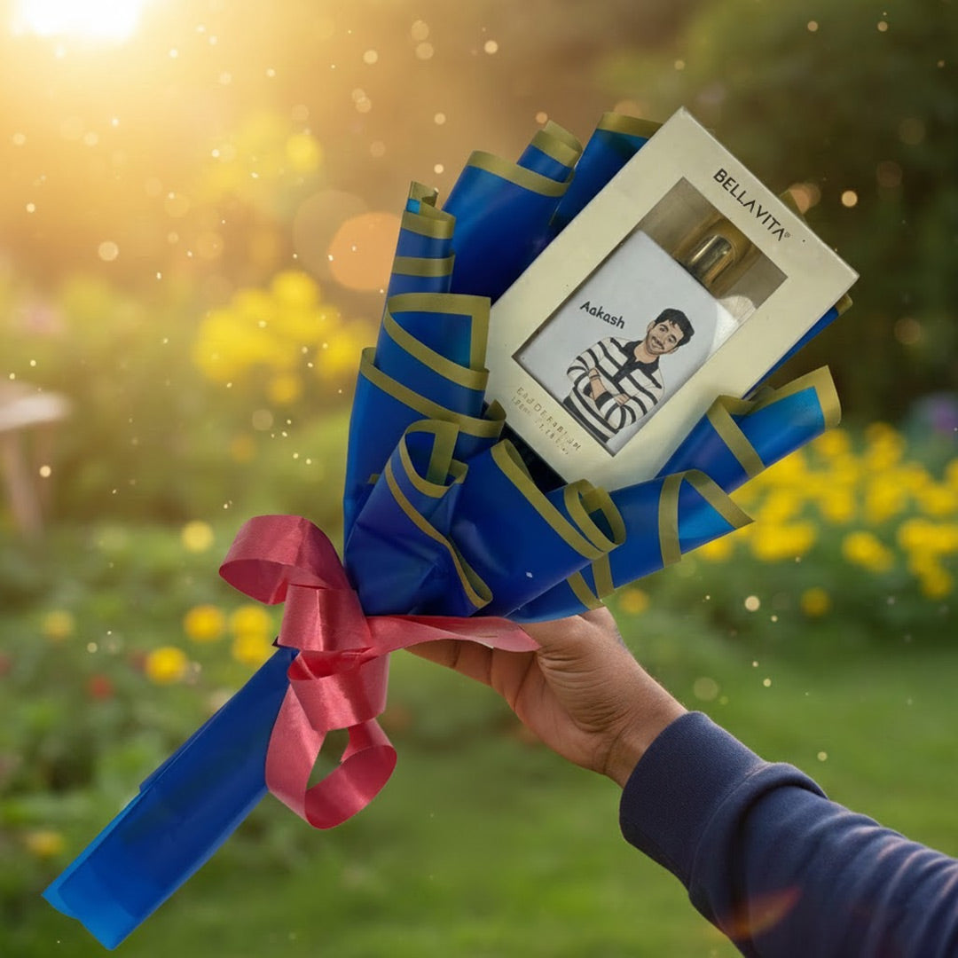 Customized Bellavita White Oud Perfume Bouquet | Personalized with Name & Cartoon Illustration