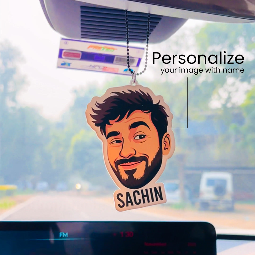 Personalized Cartoon Car Hanger – 2×3" (Custom Face + Name)| Love Craft Gfts