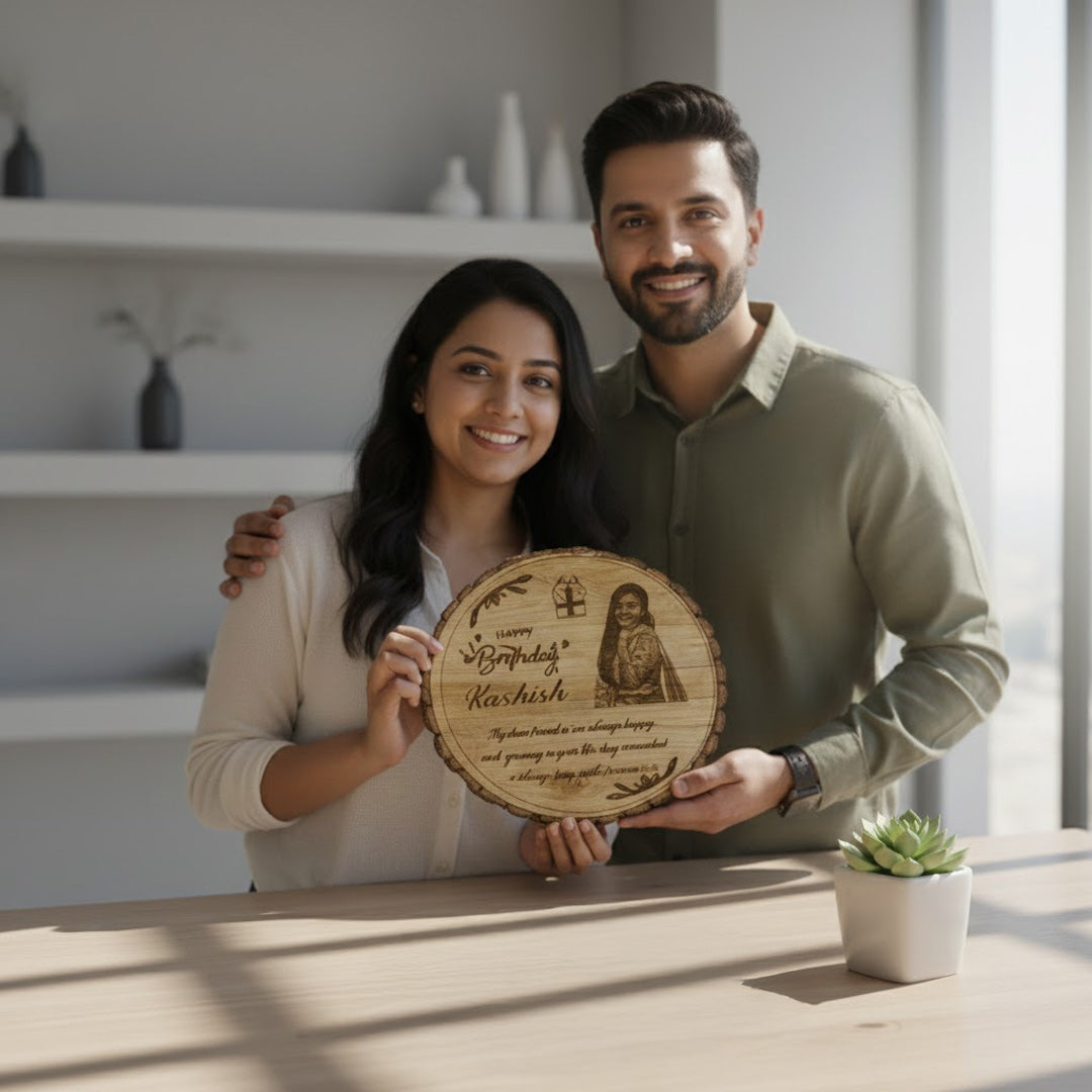 Customized Wooden Engraved Slice – Photo, Name & Message for Any Occasion | 8.5 x 8.5 inch | Love Craft Gifts