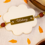 Personalized Rudraksha Rakhi with Engraved Nameplate | Love Craft Gifts
